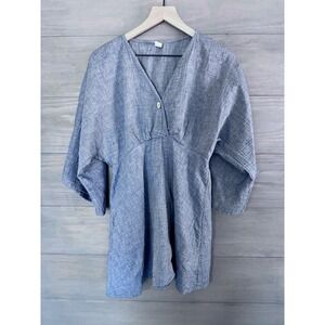 Muslin Comfort Blue Chambray Tunic Dress V-Neck Kimono Sleeve Boho Women Small